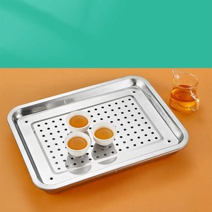 加厚m茶托盘 不锈钢长方形家用双层茶盘带排水储水小号漏盘嵌入式