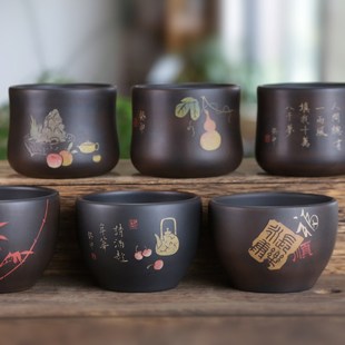 建水紫陶主人杯阴刻阳填手工打磨精品主人杯茶杯彩填主人杯小茶杯