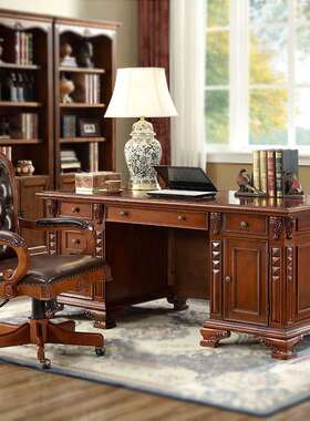 美式EWQ全实木书桌台式电办公欧脑式家用桌写字台约书房家简具复