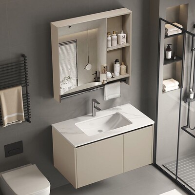 厚防水奶油灰智能体浴室柜合阳台洗漱组盆一陶瓷盆卫生FXH间脸加