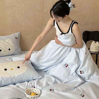 蓝CIS盐睡樱桃~10支全棉加厚毛四件套秋冬裸磨刺绣被套0纯棉床上