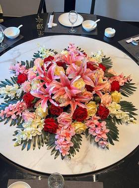 间酒店圆HKB桌中桌花大圆桌转盘红色摆花餐圆形仿真餐台花装桌饰