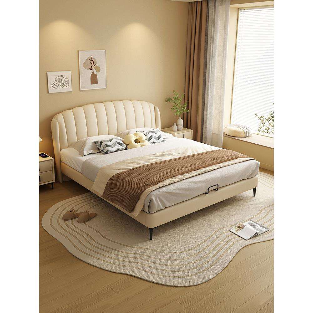 奶油风架床现艺代简约白色软床1.法5米卧室双人R2C7床式子皮床1.8