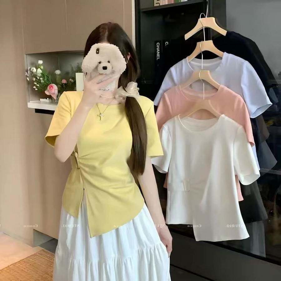 正肩短袖T恤女2026夏季新款设计感别致不规则遮肚子修身显瘦上衣