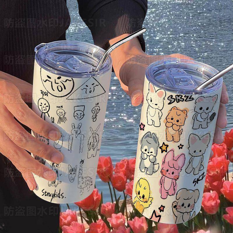 straykids周边保温杯带吸管随手杯咖啡杯ins高颜值便携学生水杯