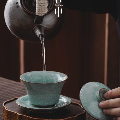 梅花冰片裂纹汝窑盖碗茶杯开片可养三才碗陶瓷茶具泡茶碗单个高端