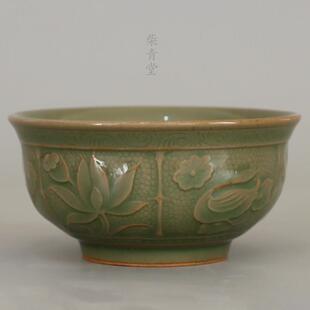 耀州窑橄榄青釉印花中式复古青瓷陶瓷餐具珍珠底游鸭纹小号米饭碗
