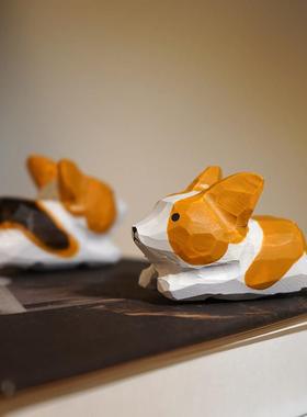 飞天柯基手工木雕小摆件卡通动物工位桌面可爱解压摆放装饰品女生