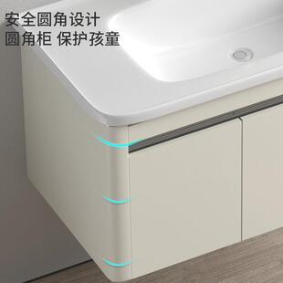深盆浴室柜不锈钢防潮除雾镜柜卫生间洗手台陶瓷一体盆奶油风