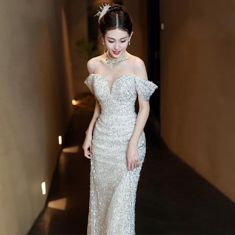 法式鱼尾轻婚纱2025新款新娘小个子跨境一字肩大码简约出门礼服