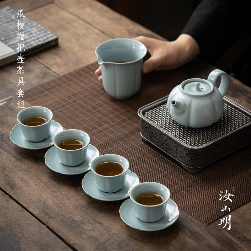 汝山明汝窑瓜棱端把壶茶器套组 汝瓷天青釉开片可养 家用茶具送礼