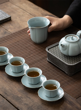 汝山明汝窑瓜棱端把壶茶器套组 汝瓷天青釉开片可养 家用茶具送礼