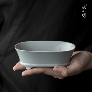 汝山明汝窑小水仙盆复刻开片可养器皿天青釉收藏瓷器家居仿古摆件