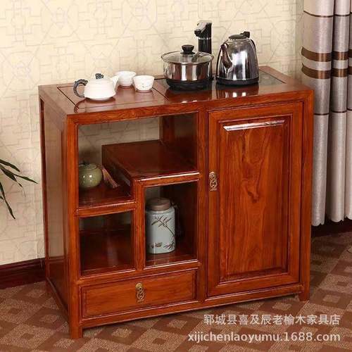 茶水柜实木新中式老榆木茶水台胡桃色推拉茶柜客厅烧水一体置物柜