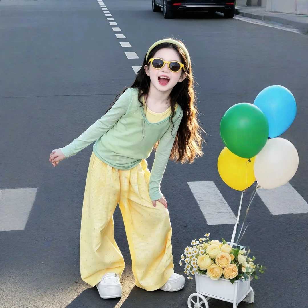 现货童装女童套装2026新款宝宝秋装多巴胺绿色假两件上衣黄色长裤