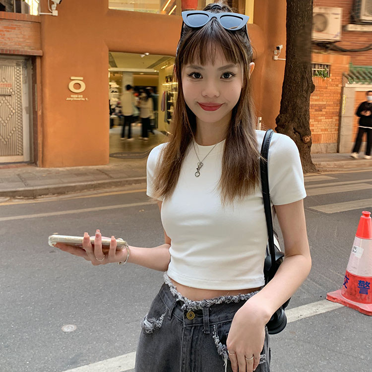 2026高腰短款短袖正肩t恤女夏季新款修身紧身打底内搭白色上衣夏