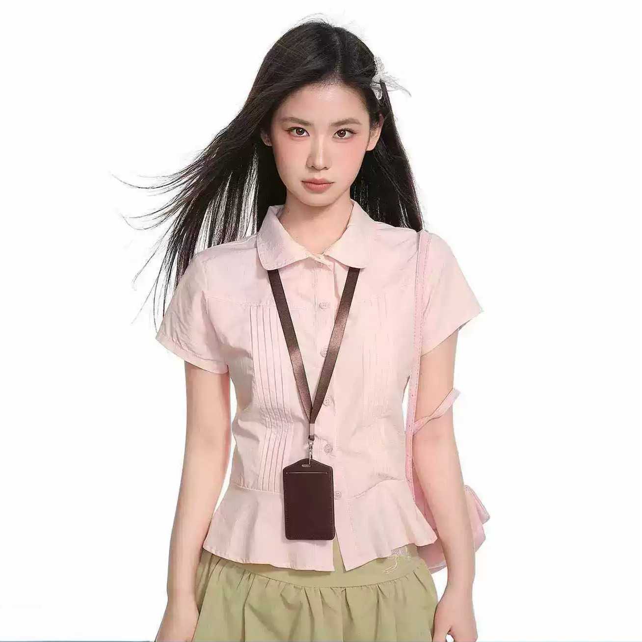 粉色polo领正肩短袖衬衫女夏季设计感收腰褶皱内搭短款衬衣上衣夏