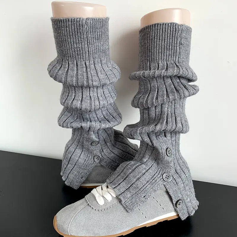 秋冬灰色堆堆袜套jk奶白色保暖腿套女中筒黑色针织竖条开叉小腿袜