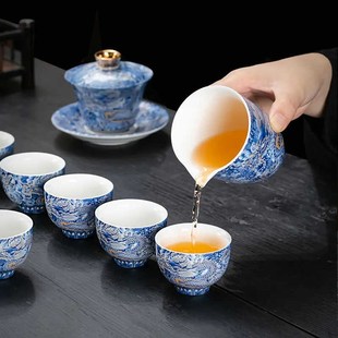 陶瓷泡茶三才碗茶杯送礼 掐丝银龙腾盛世悬停盖碗整套功夫茶具套装