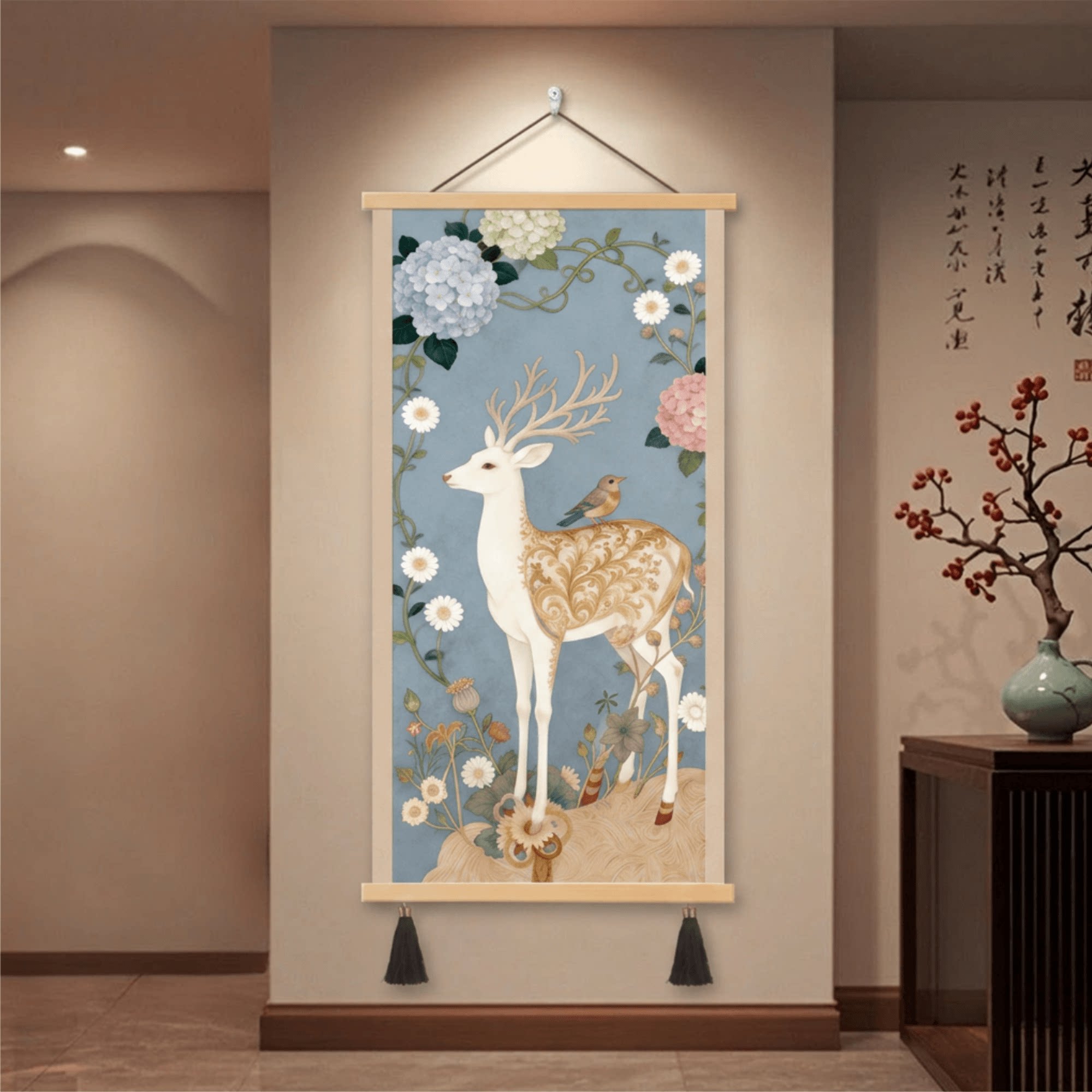 新中式玄关装饰画走廊过道客厅卧室餐厅招财福鹿花鸟轻奢复古挂画