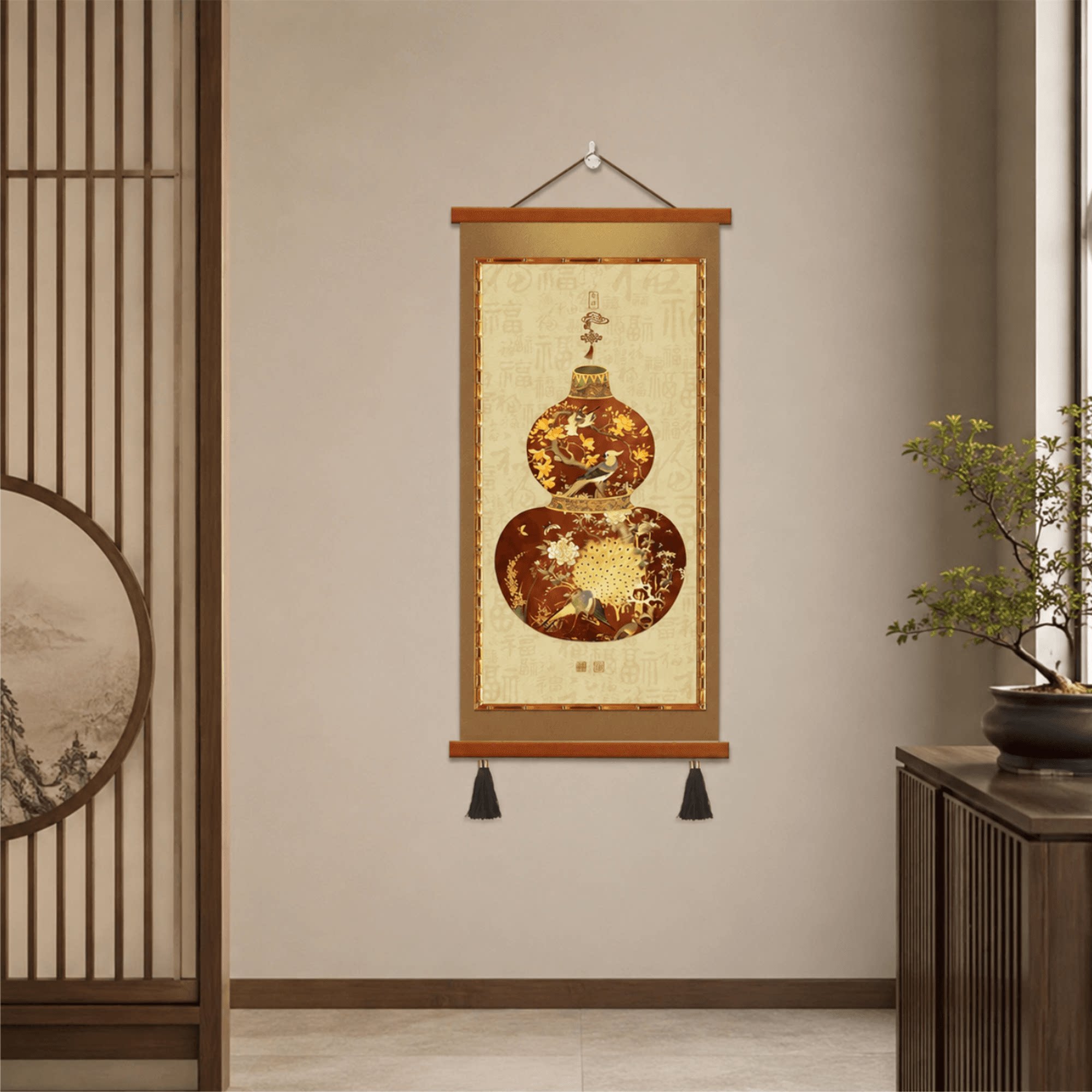 新中式玄关百福葫芦花鸟装饰画入户走廊过道墙面国风客厅餐厅挂画