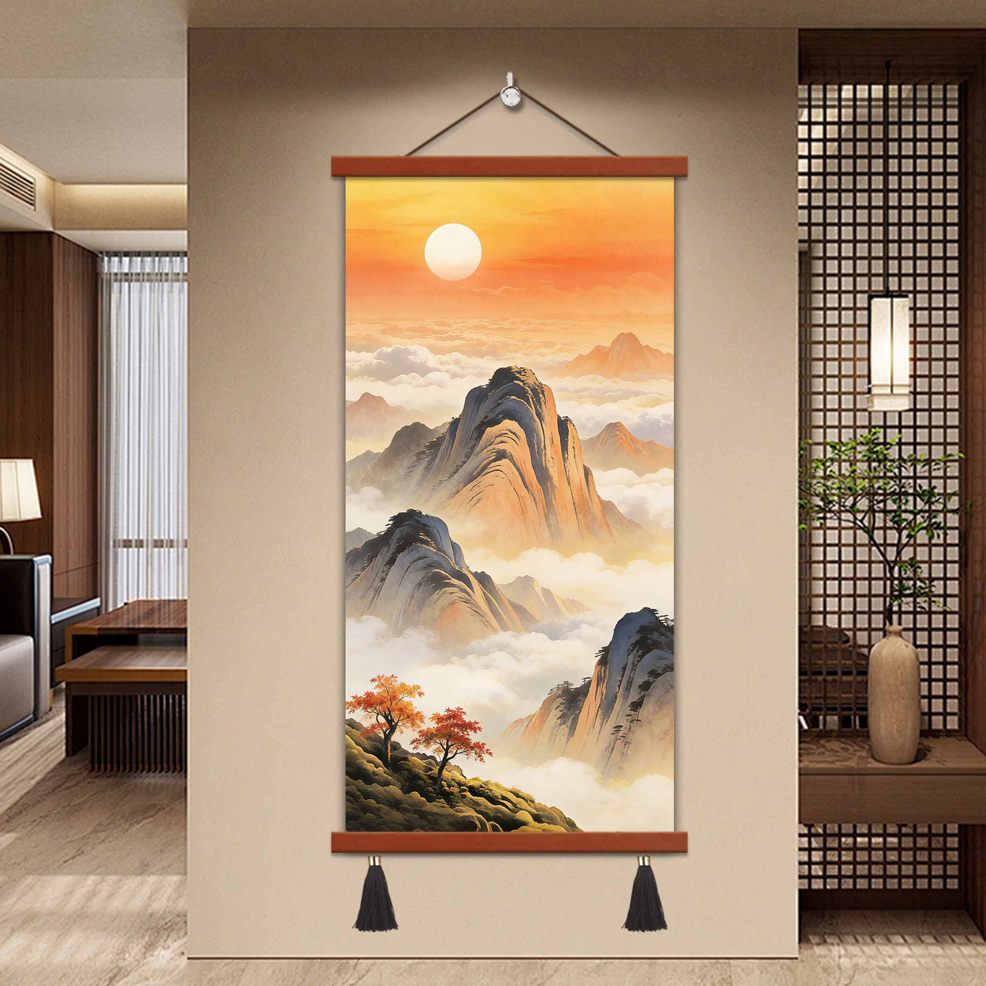 旭日东升玄关背景墙装饰画新中式竖版入户迎门墙挂画大气风景壁画