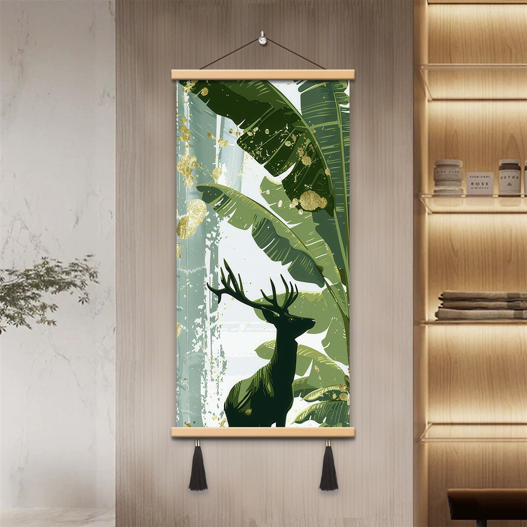 现代简约手绘绿叶麋鹿装饰画玄关走廊挂画客厅沙发背景高档落地画,家居饰品,现代装饰画,淘宝优惠券,粉丝福利购,淘宝优惠卷