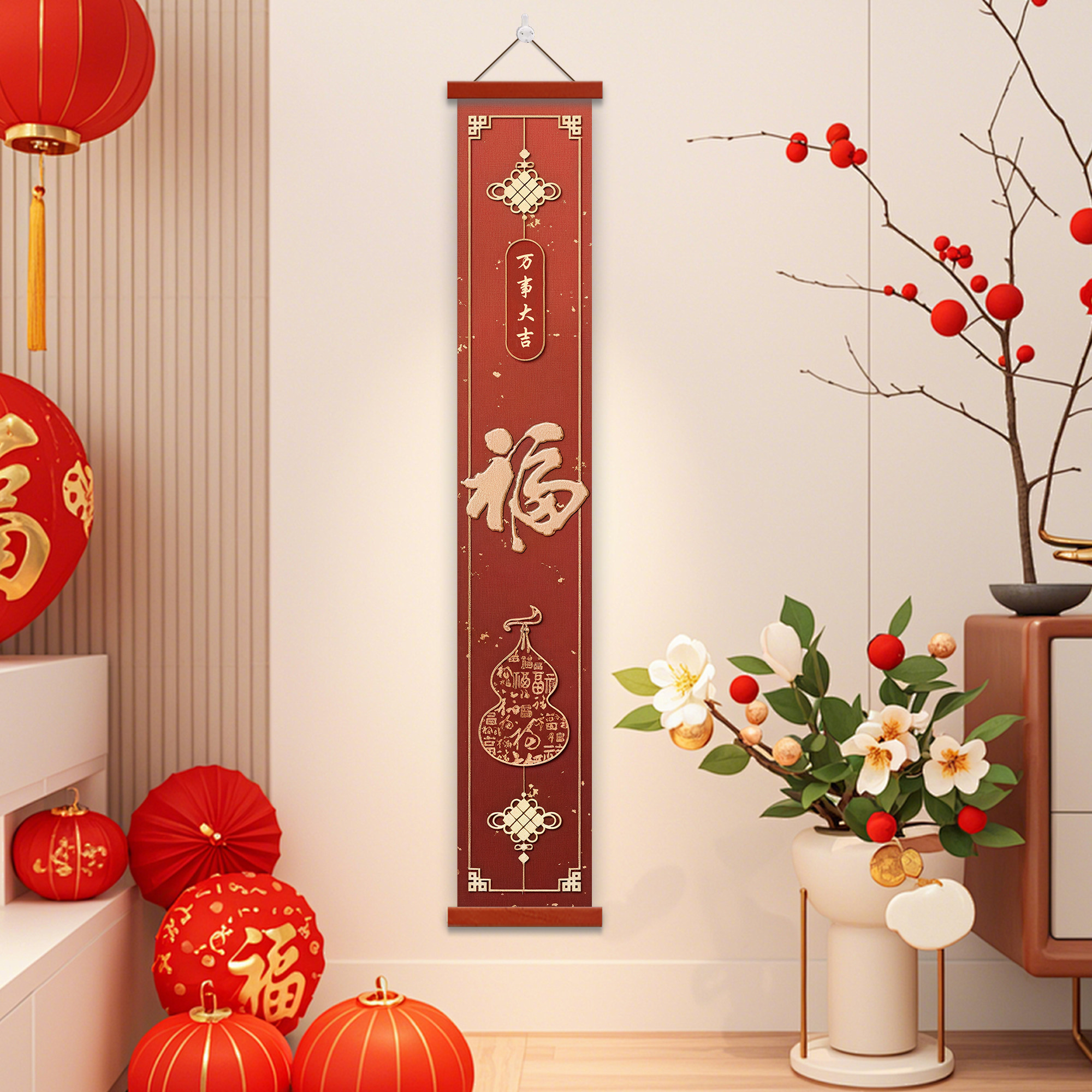中式福字装饰画客厅挂画红色喜庆万事如意新年壁画松木框悬挂