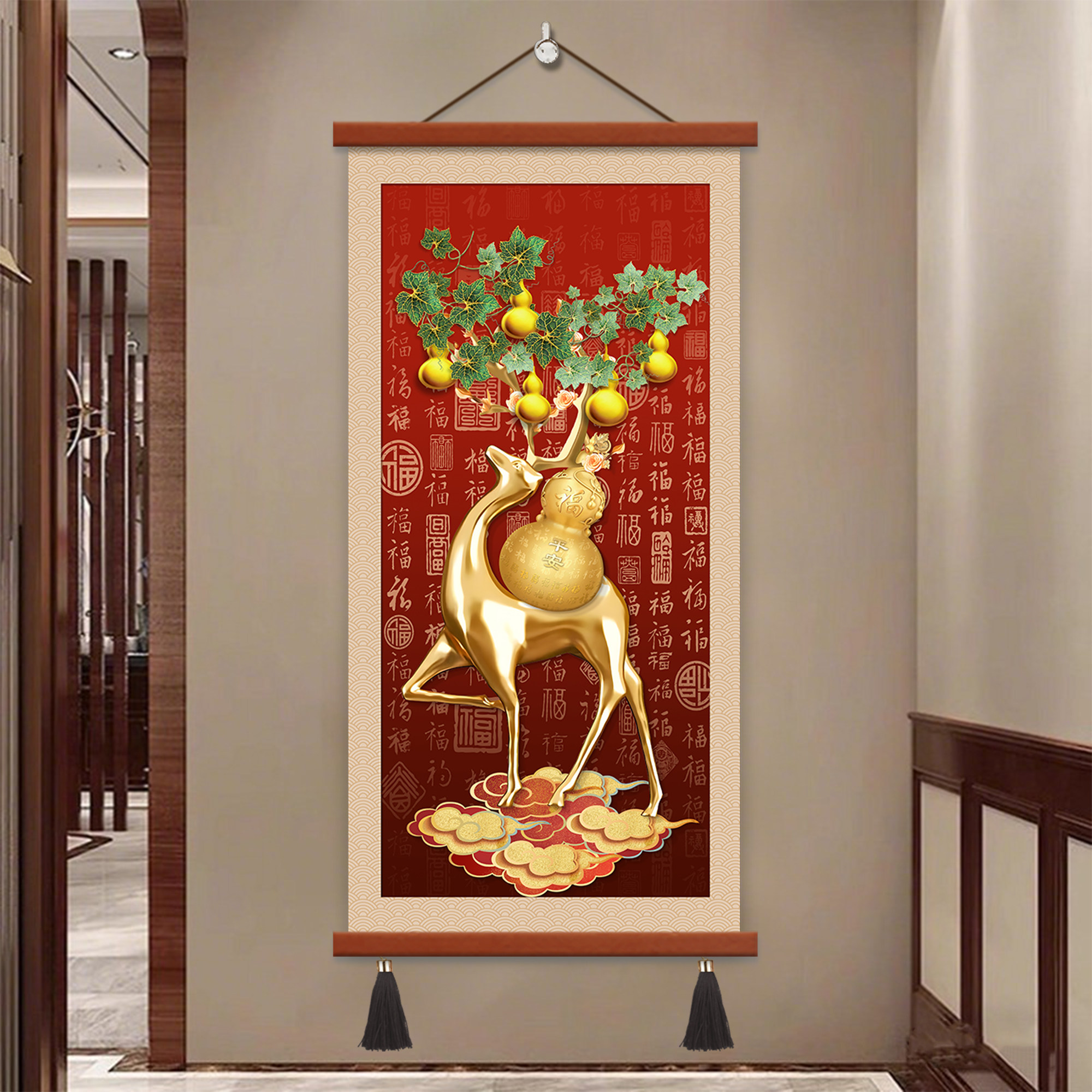 新中式招金色财鹿玄关装饰画五福临门走廊挂画葫芦百福图入户悬挂