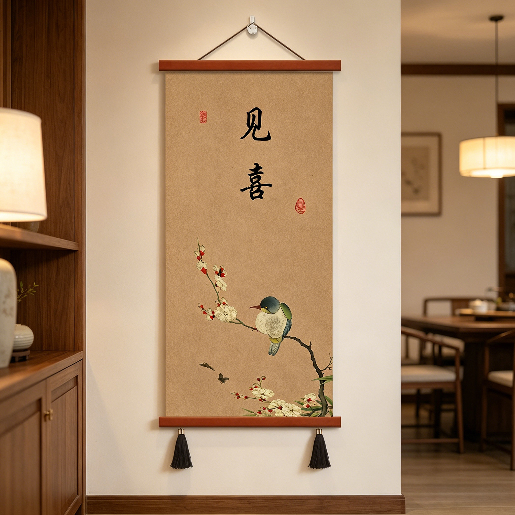 新中式见喜茶室装饰画餐厅壁画书房玄关字画客厅沙发背景墙挂画