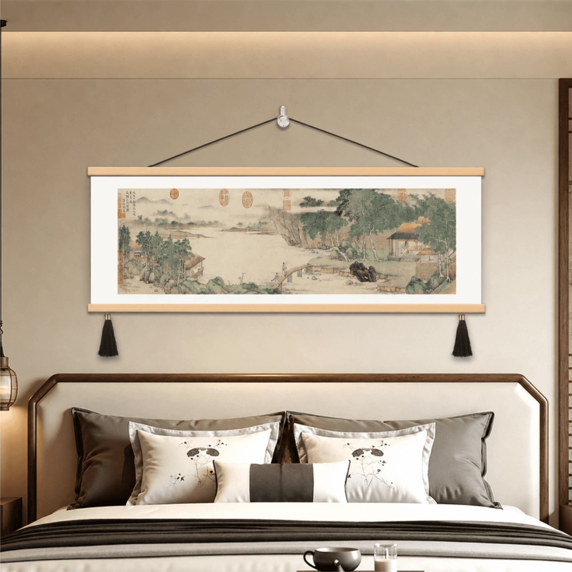 精品新中式床头横幅山水国画卧室客厅茶室背景墙轻奢装饰挂画