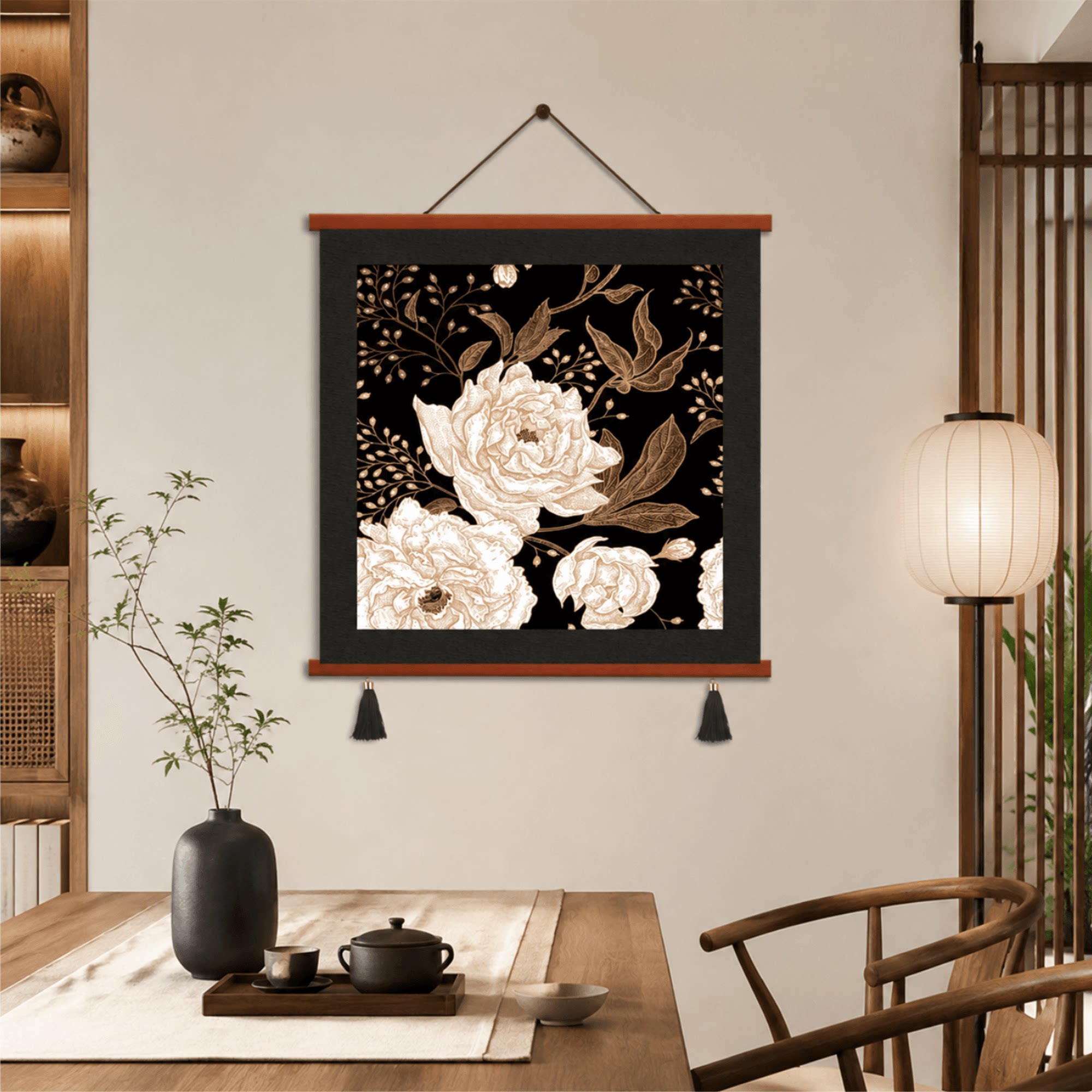新中式复古轻奢精美黑底鎏金牡丹挂画家用客厅餐厅玄关墙面装饰画