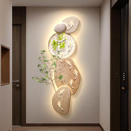 玄关装HLH-石运饰画正对入门壁画灯画九植鱼图绿氛围客厅走廊过户