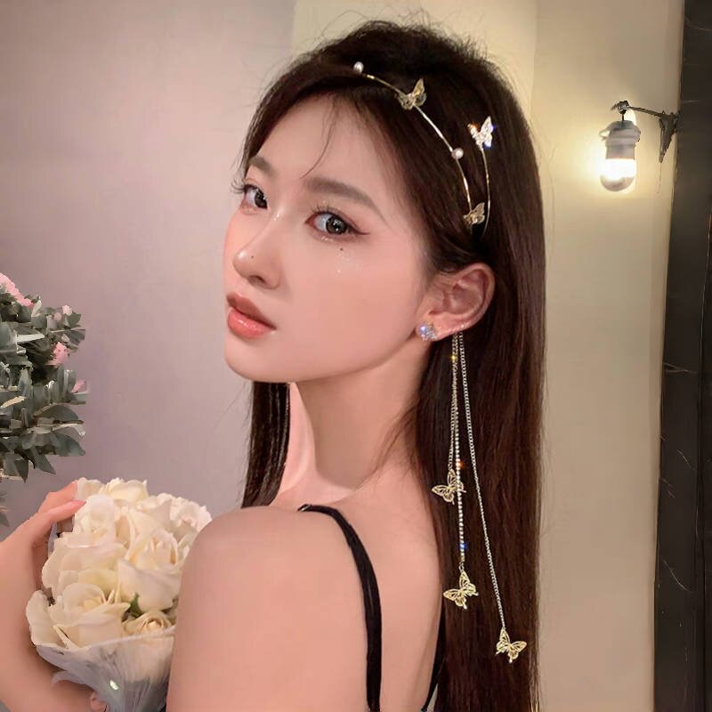 蝴蝶水钻流苏珍珠发箍女2026新款时尚气质发饰高级感头箍百搭发卡