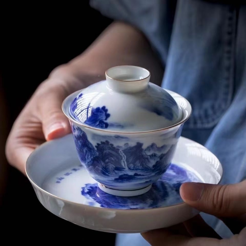 镇景德头仿古通用款泥2高配青花釉中彩千里江山盖碗泡茶茶具套1装,餐饮具,整套茶具,淘宝优惠券,粉丝福利购,淘宝优惠卷