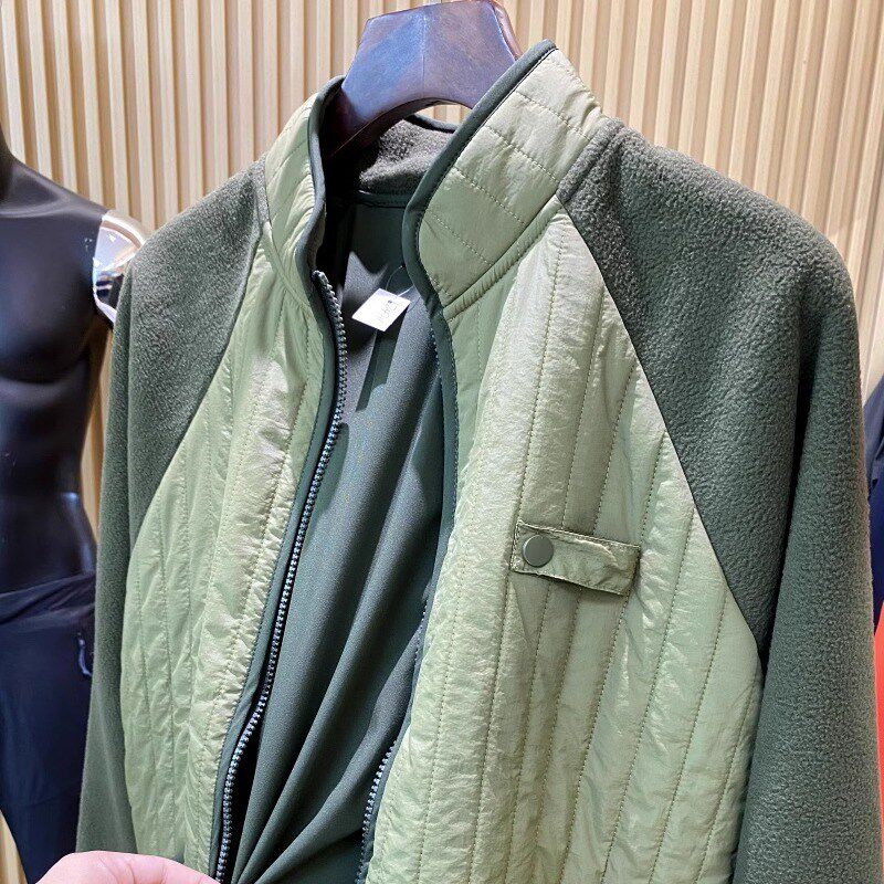 走商场订单!秋冬户外绗缝夹棉A摇粒绒撞色拼接插肩袖立领棉衣外套