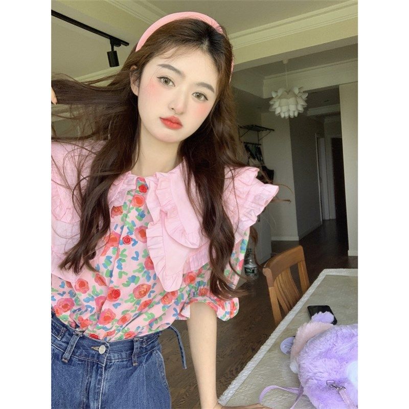 范雯雯 甜岛玫瑰 m撞色双层娃娃领女春季泡泡袖法式甜美半袖衬衫