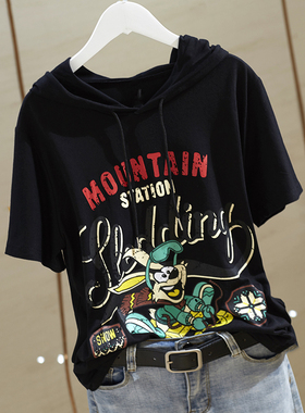 2021年夏季新款m纯棉t恤女短袖宽松大码连帽白色体恤上衣潮显瘦潮