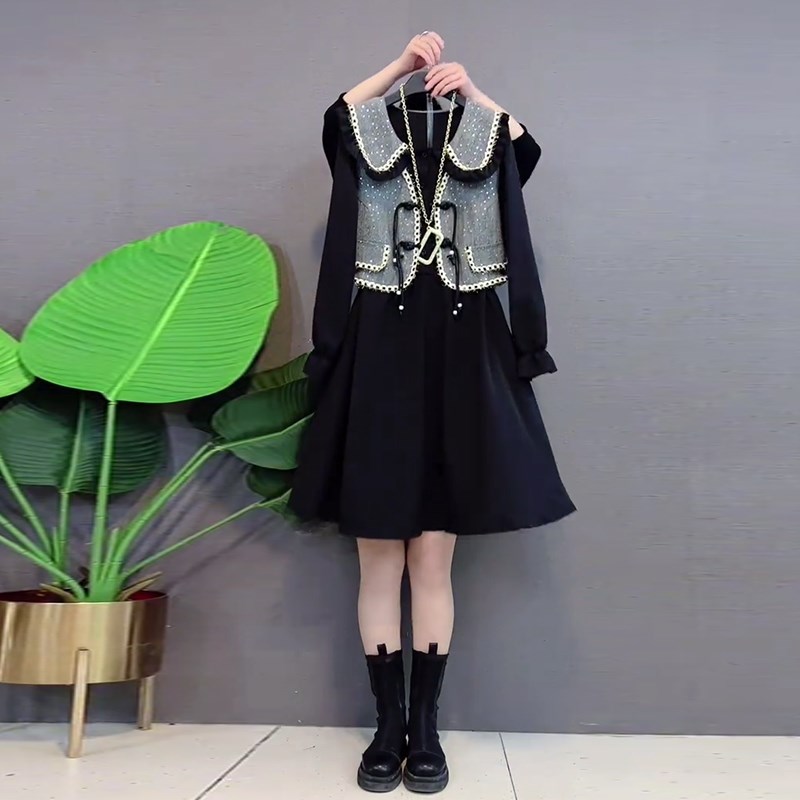 加肥大码女装娃娃领流苏扣t马甲长袖连衣裙胖妹妹韩版春秋款两件