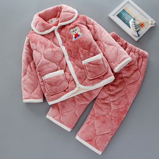 儿童冬季睡衣法兰绒三层加厚夹z棉套装宝宝男童女童珊瑚绒家居服