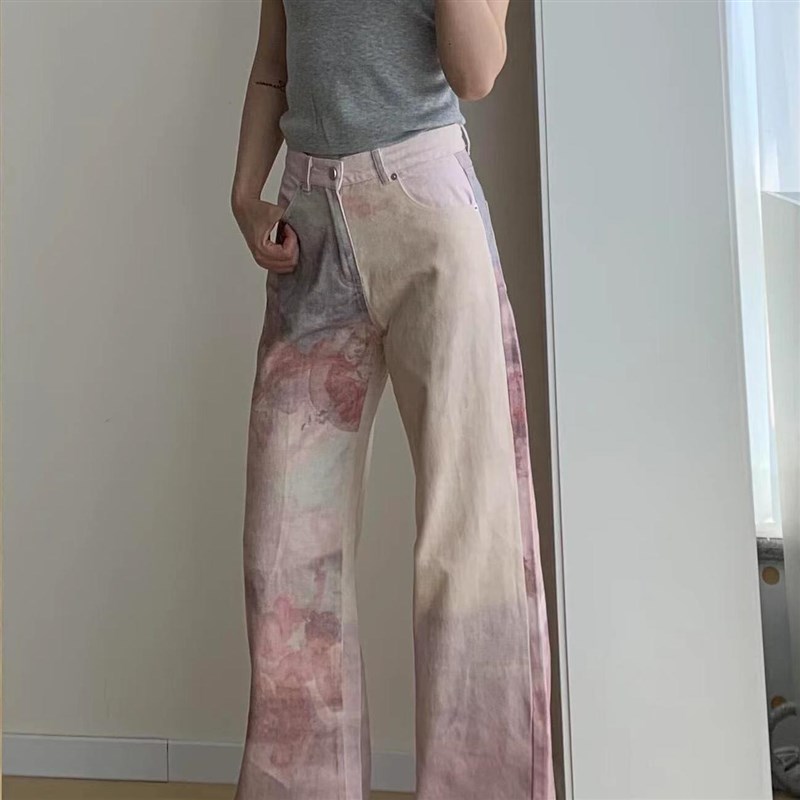 花色扎染印花宽松直筒牛仔u裤女秋季新款高腰显瘦阔腿拖地长裤子
