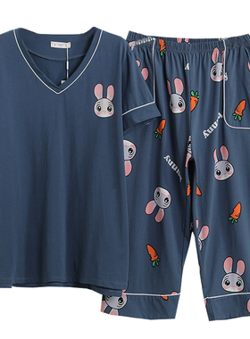 大码女士睡衣夏季黑色胖女孩纯棉短袖V领两件套装Q家居服胖mm200