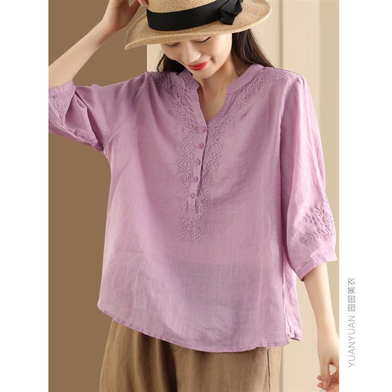 园园美衣复古立体刺m绣苎麻衬衣女气质七分袖套头衫绣花衬衫上衣