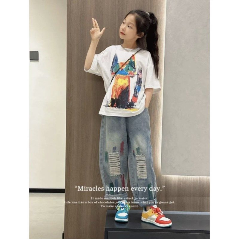 女童夏季酷d飒超好看中大童个性印花短袖T恤薄款破洞牛仔裤两件套
