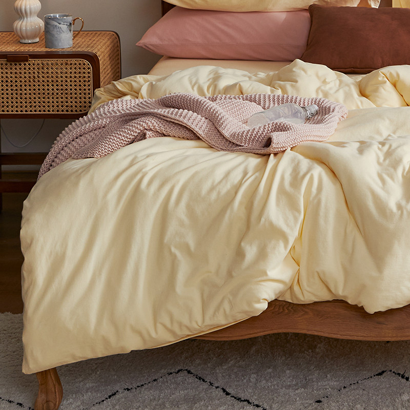 柔软针织棉奶/鹅黄色床单被罩 裸睡天竺棉纯棉1R.8床笠四件套床品