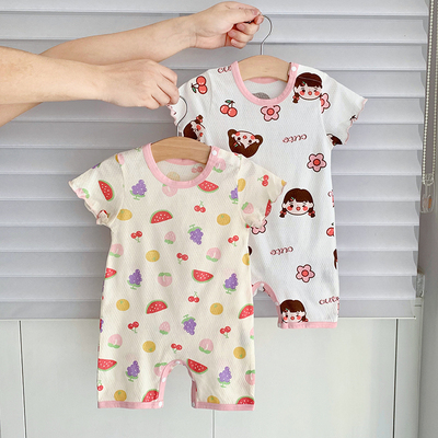 女宝宝夏季纯棉短袖哈衣婴儿新x生儿薄款连体衣小童洋气睡衣0-3岁