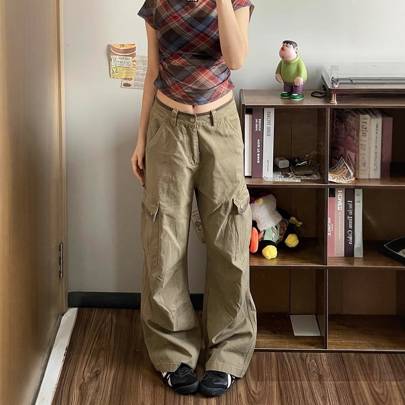 美式复古做旧多口袋工装牛仔裤女秋冬2024新款高街U阔腿宽松直筒