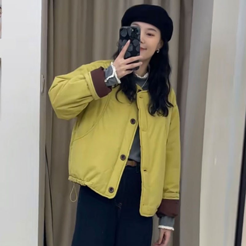 2024秋冬新款圆领单排扣拼色夹C棉外套女时尚休闲宽松百搭棉服上