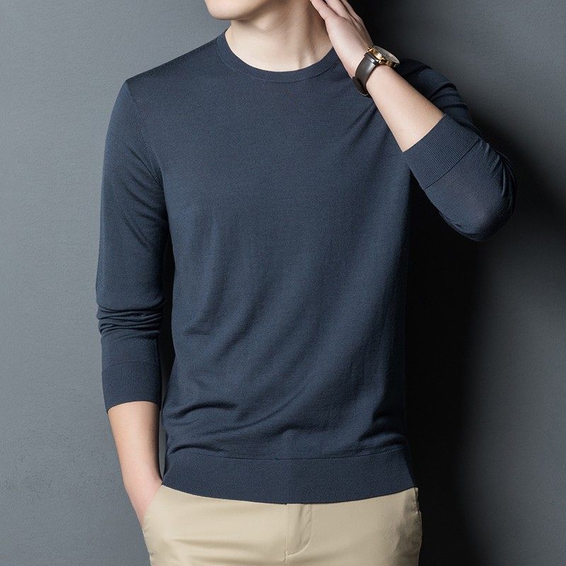 60支精b纺纯羊毛衫男春秋超薄打底针织衫贴身软圆领长袖T恤细毛衣