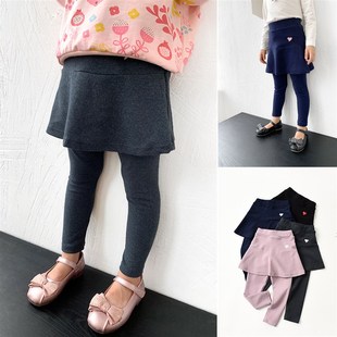 儿童纯棉假两件长裤 女童纯色短裙伞裙打底S裤 中大童 春装